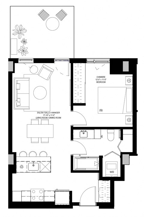 Floor plan for 1 bed, 1 bath, 649 sqft